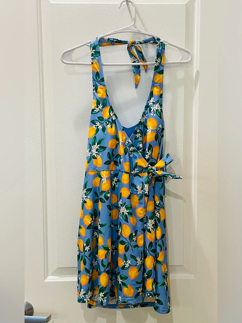 NWT…Draper James Lemon Blue Floral Wrap Halter Swimsuit Upf 50+ Medium